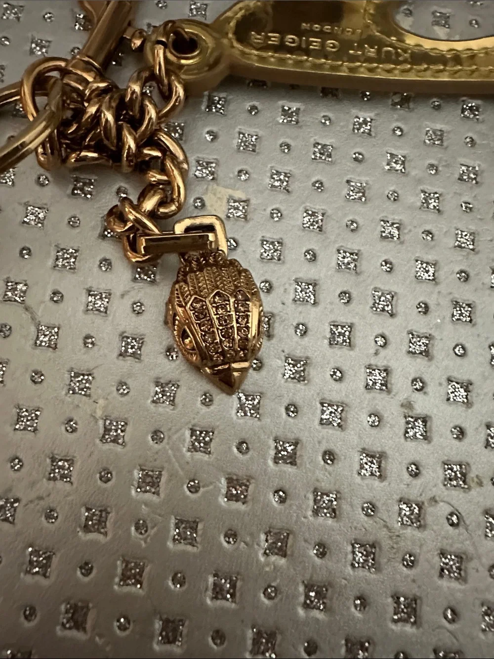 Kurt Geiger Gold High Heel Shoe Keyring with Charm EUC